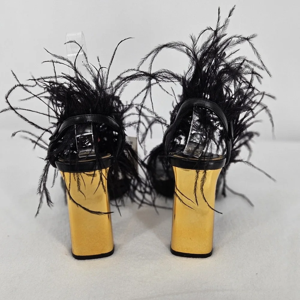 Zara Black Feather Trim Gold Block Heel Sandals Wrap Ankle Strap Womens 6 NEW‎ - Picture 5 of 9